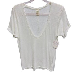 Free People Oversized Linen Woven Knit Crochet Trim Tee Shirt